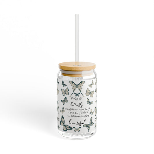 Beautiful Butterfly Sipper Glass, 16oz | Eco-friendly Drinkware | Gift for Nature Lovers, Birthday, & Summer Parties, Inspirational Quote